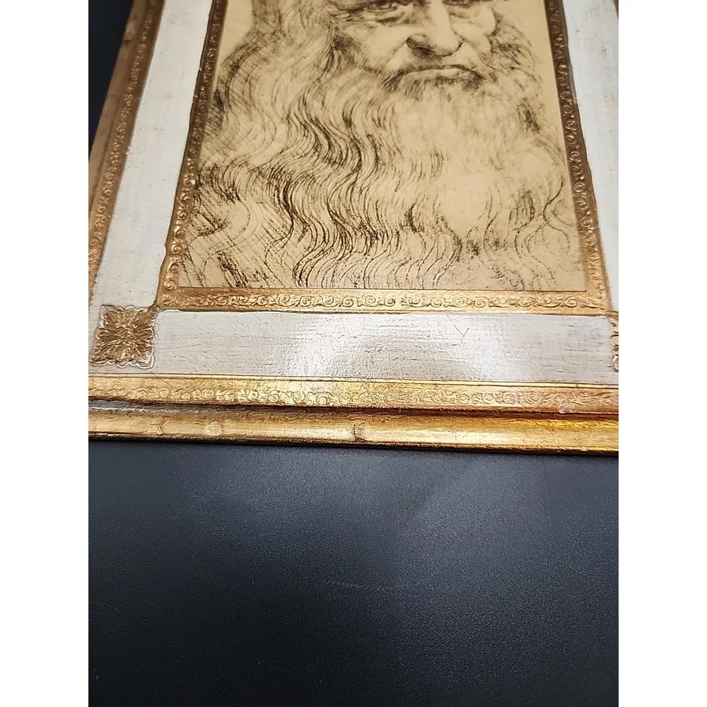 Vintage Gilt Wood Italian Florentine Plaque Leonardo DaVinci's Portrait Of A Man